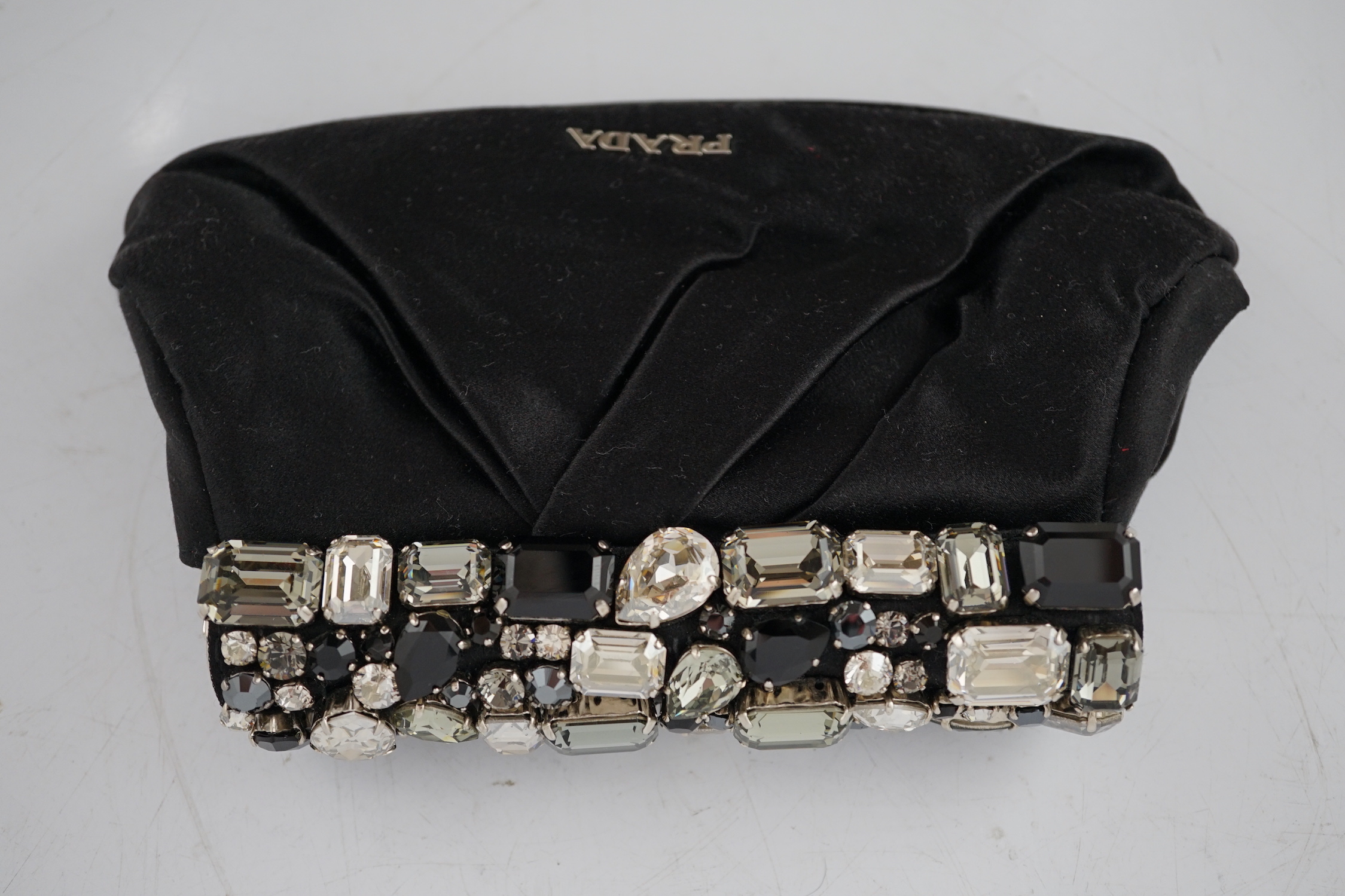 A Prada Raso Stones Nero black satin clutch bag height 12cm, width 19.5cm, depth 4cm